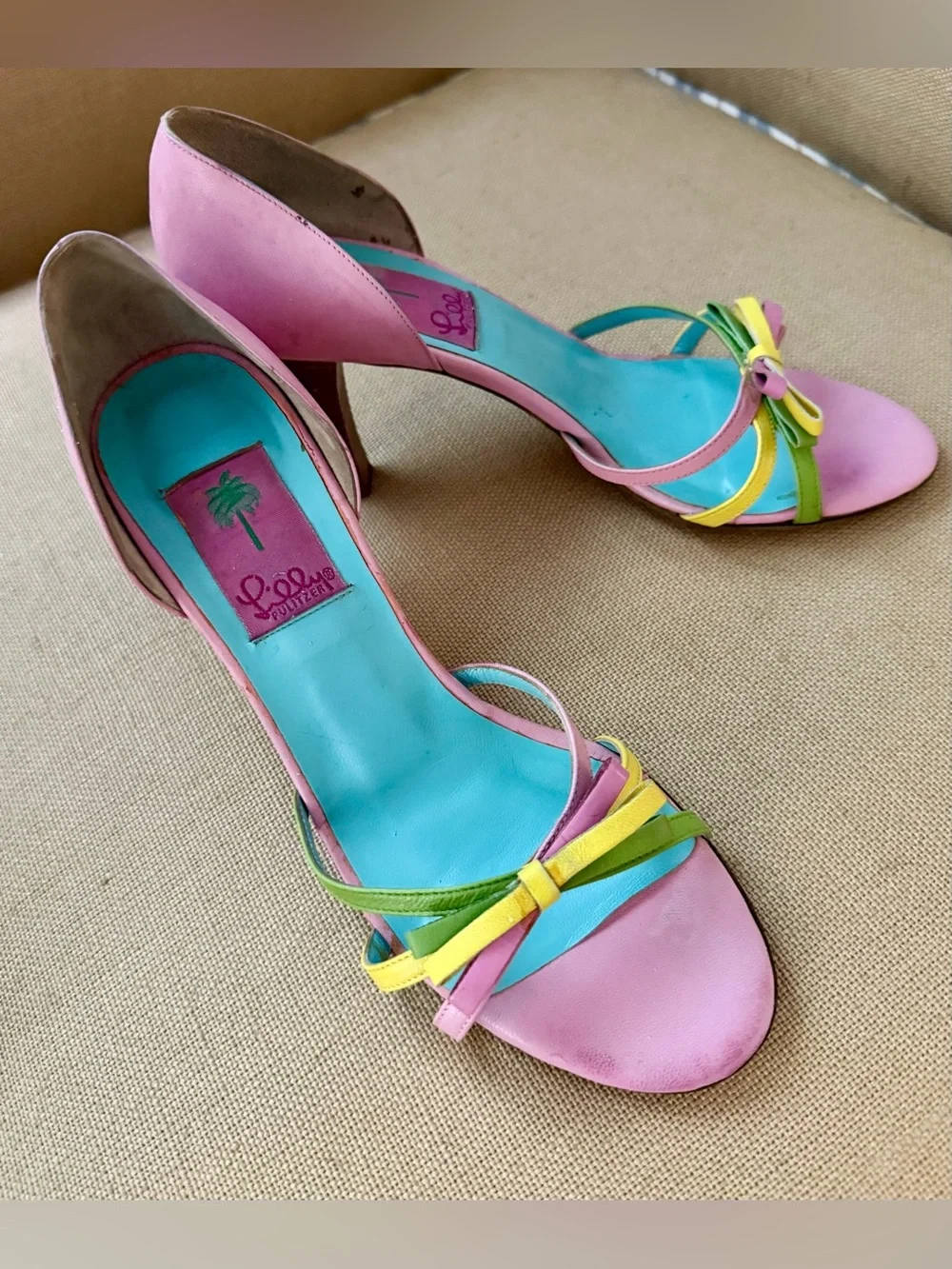 Vintage Lilly Pulitzer Pink Open-Toe Heels with Multicolor Bow Made in Italy